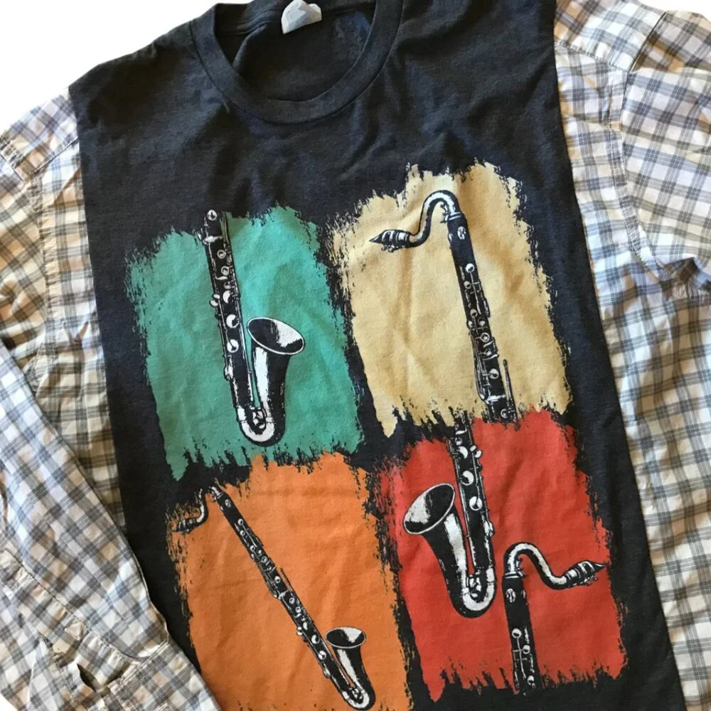 Upcycled Reworked Graphic T-Shirt, Saxophone Theme Plaid Shirt, Size S - M - Picture 5 of 12